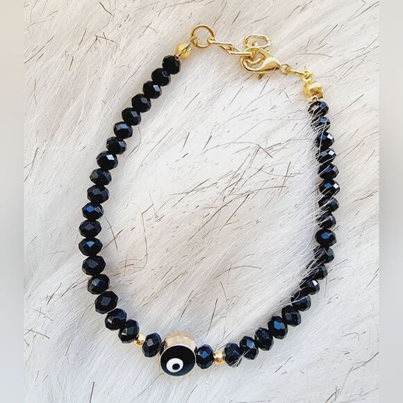 🧿 Black Evil Eye Bracelet Gold Rhinestones Crystals NEW From Turkey - Picture 2 of 3